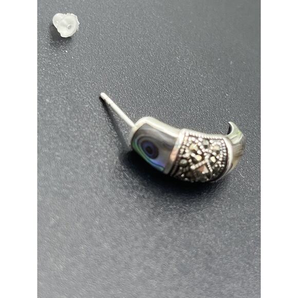 FAS DESIGNER Abalone & Marcasite 925 J-Hoop Post Pierced Earrings 5.30g - Picture 4 of 11